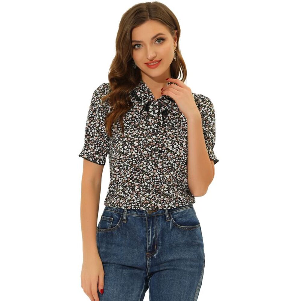 Vintage Tie Neck Blouse Puff Sleeve Ruffles Ditsy Floral Top Black